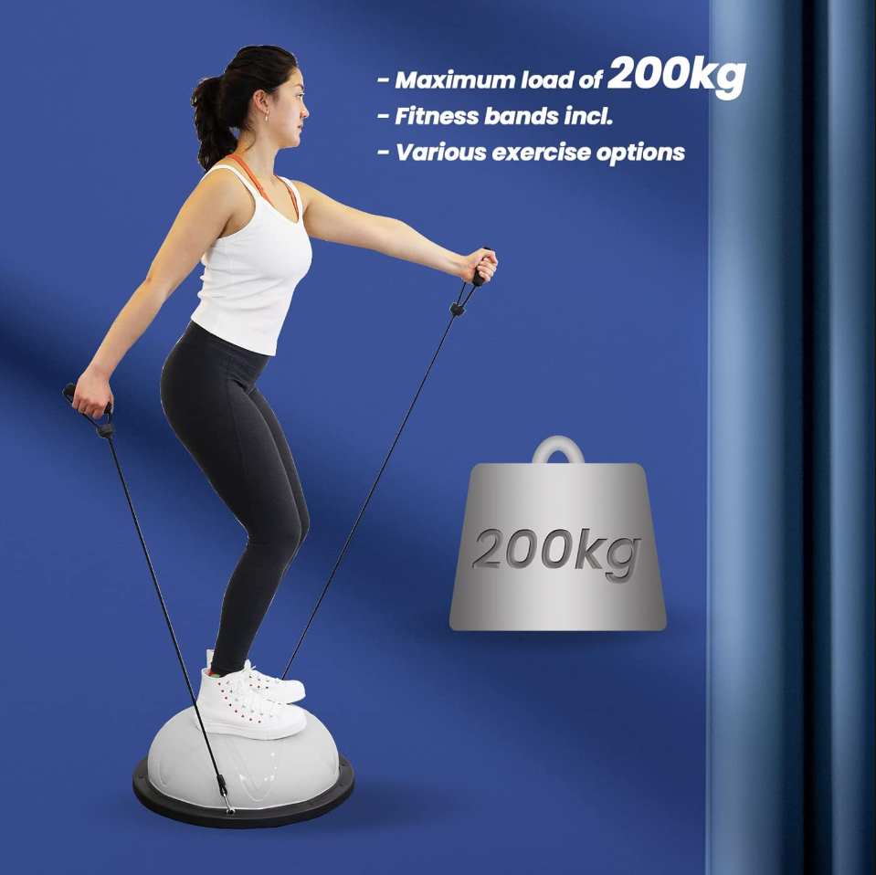DH FitLife Balance Ball - Yoga Balance Trainer Ø60 cm, halber Gymnastikball mit Widerstandsriemen & Pumpe, aufladbar bis zu 200 kg - Balance Board Fitness - Grau