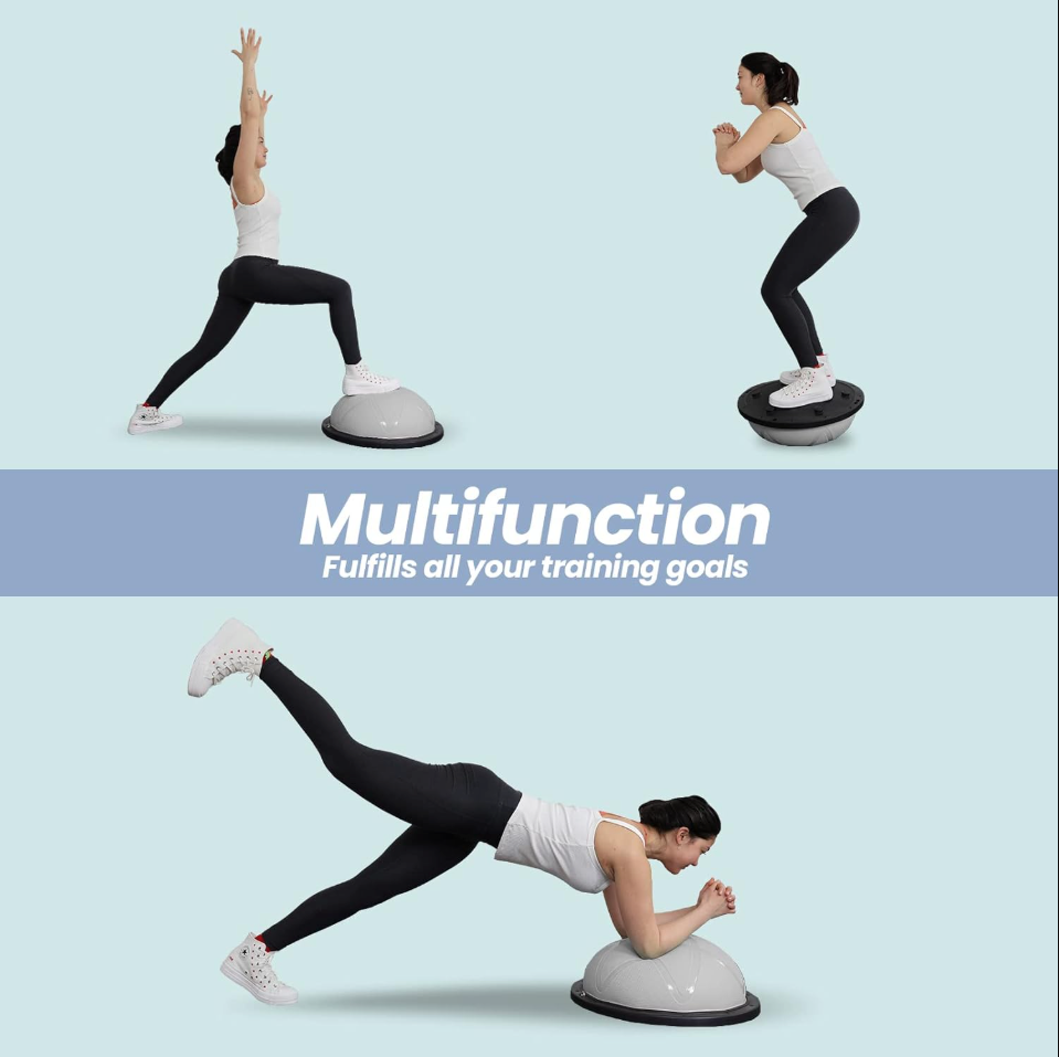 DH FitLife Balance Ball - Yoga Balance Trainer Ø60 cm, halber Gymnastikball mit Widerstandsriemen & Pumpe, aufladbar bis zu 200 kg - Balance Board Fitness - Grau