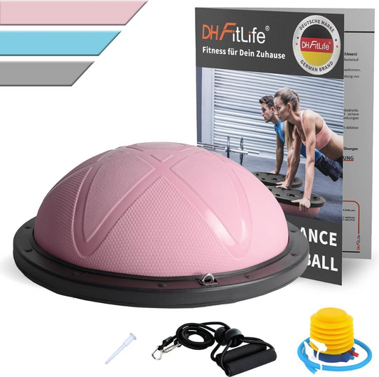 DH FitLife Balance Ball - Yoga Balance Trainer Ø60 x 22 cm - Aufladbar bis zu 200 kg - Halber Gymnastikball / Fitness Balance Board - Inklusive Pumpe & 2 Fitnessbänder - Pink