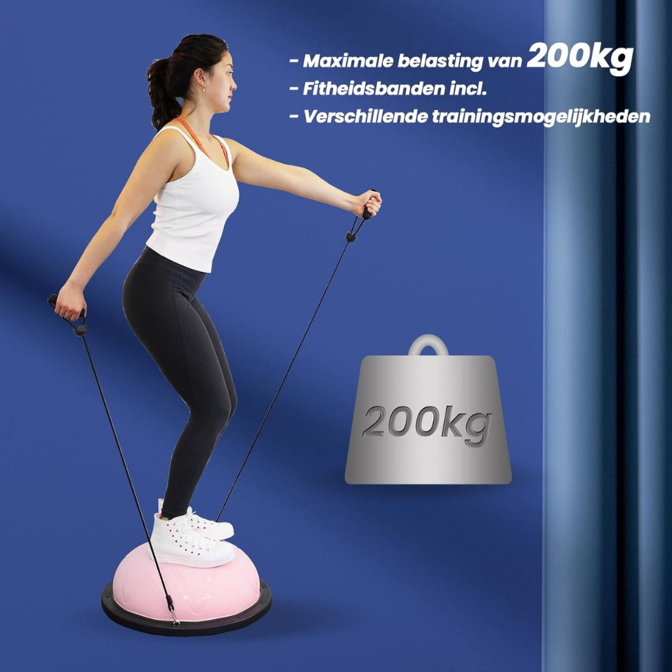 DH FitLife Balance Ball - Yoga Balance Trainer Ø60 x 22 cm - Aufladbar bis zu 200 kg - Halber Gymnastikball / Fitness Balance Board - Inklusive Pumpe & 2 Fitnessbänder - Pink