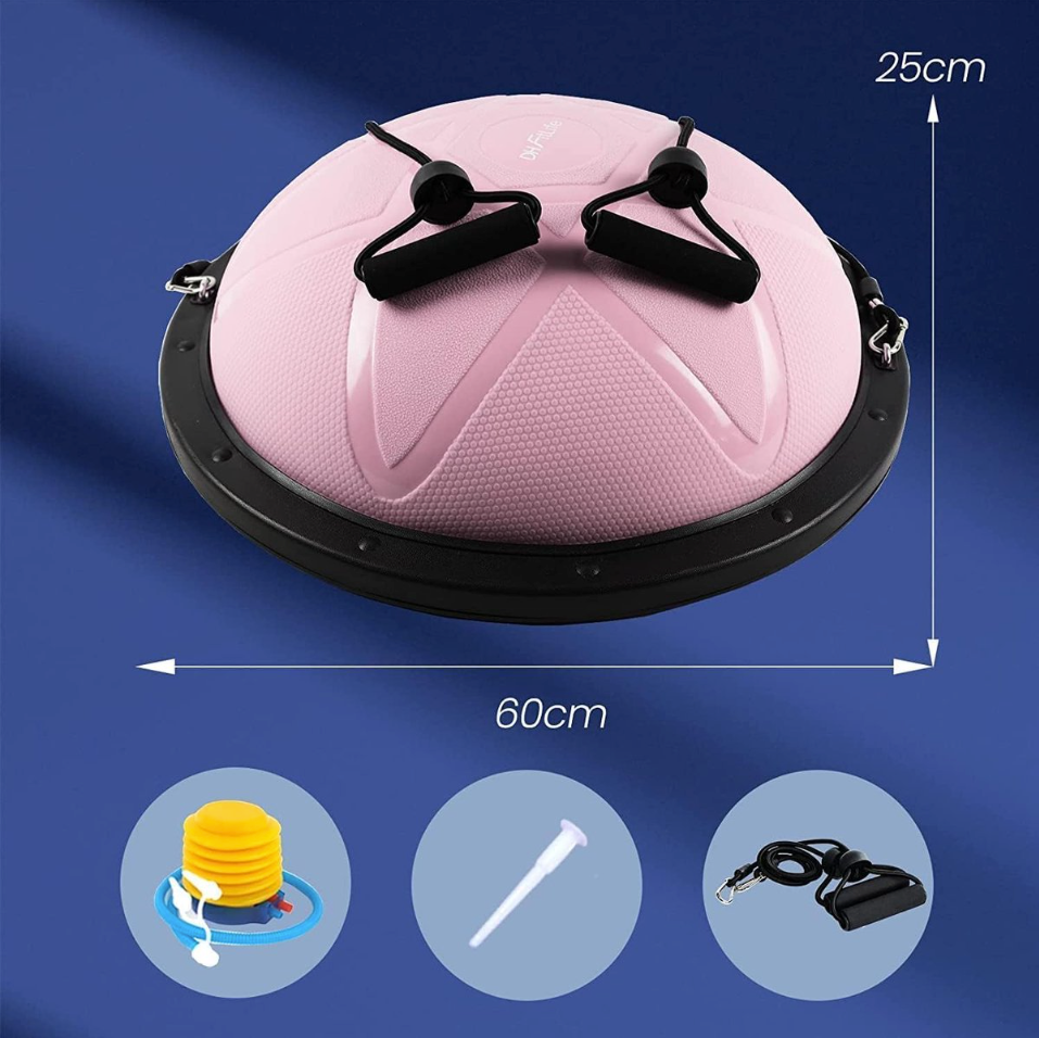 DH FitLife Balance Ball - Yoga Balance Trainer Ø60 x 22 cm - Aufladbar bis zu 200 kg - Halber Gymnastikball / Fitness Balance Board - Inklusive Pumpe & 2 Fitnessbänder - Pink