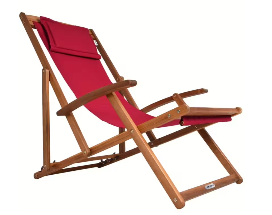 Casaria Garden Lounger Beach Chair - Ausgestattet mit drei Ständern und abnehmbarem Detex Kopfstütze und faltbarem Rahmen - Für Strand und Terrasse - Rotes Polyester und Akazienholz - 94x60x94 cm