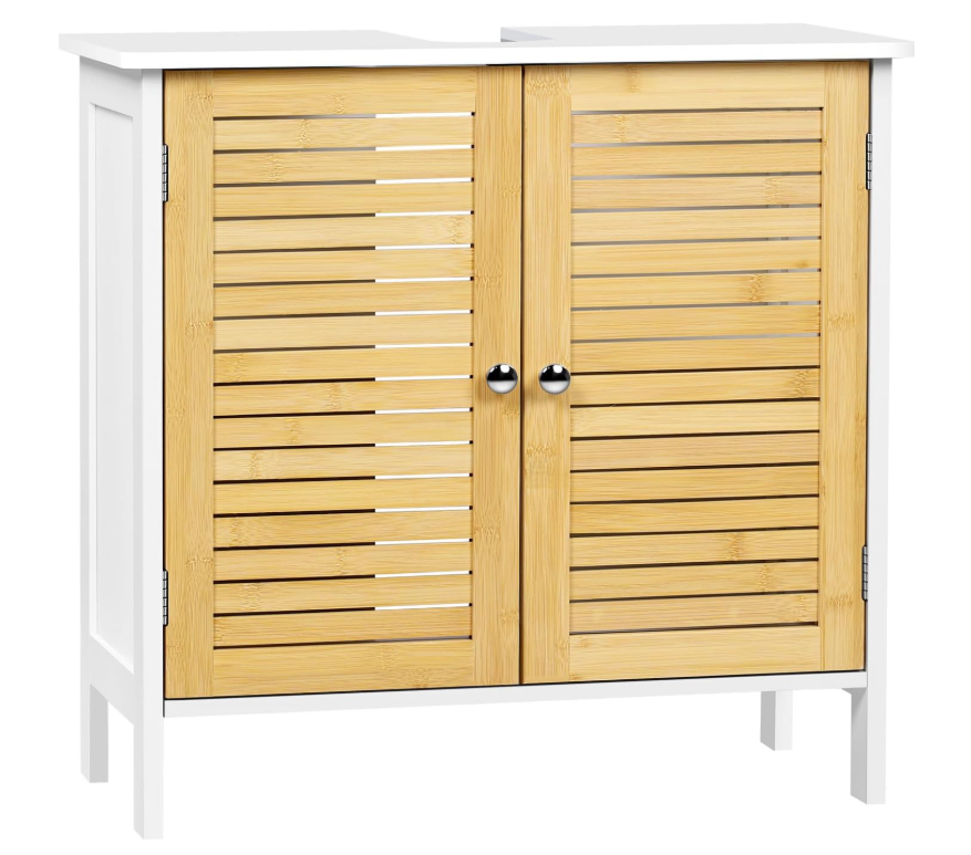 EUGAD Waschtischunterschrank Neapel - ausgestattet mit Siphonausschnitt und verstellbarem Einlegeboden und magnetischen Lamellentüren - für Bad und Toilette - weiß beschichtetes Holz und Bambus - 60 x 30 x 60 cm