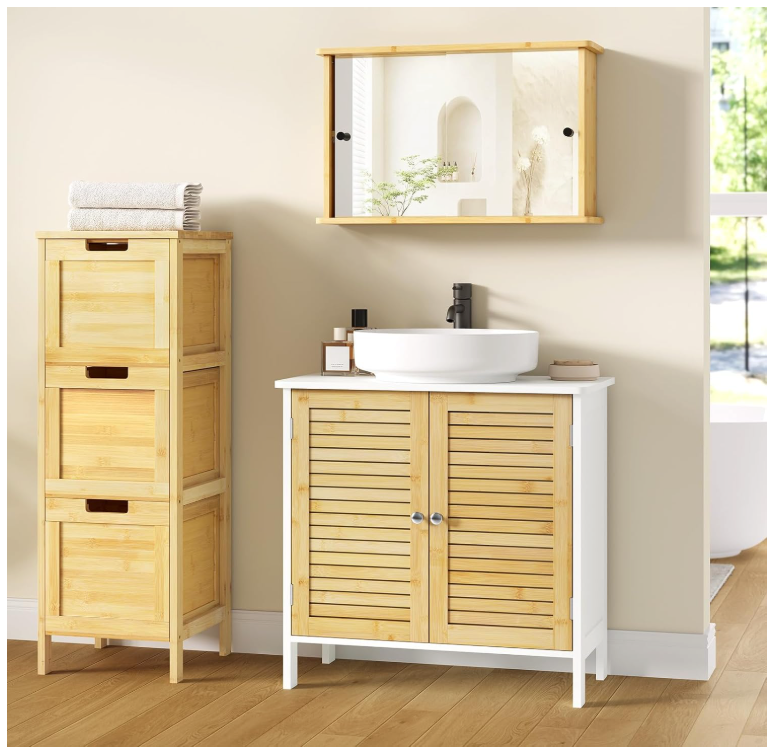 EUGAD Waschtischunterschrank Neapel - ausgestattet mit Siphonausschnitt und verstellbarem Einlegeboden und magnetischen Lamellentüren - für Bad und Toilette - weiß beschichtetes Holz und Bambus - 60 x 30 x 60 cm