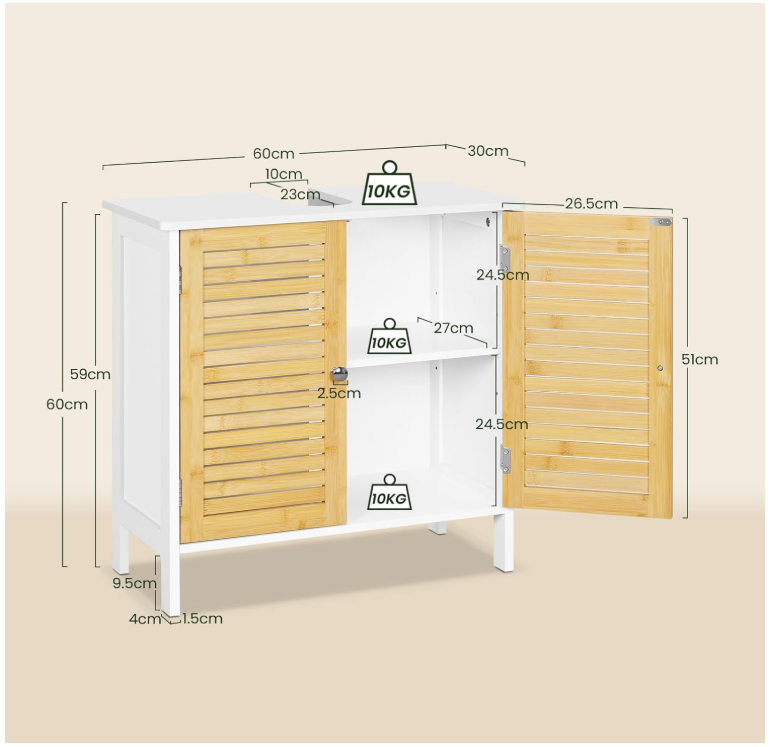 EUGAD Waschtischunterschrank Neapel - ausgestattet mit Siphonausschnitt und verstellbarem Einlegeboden und magnetischen Lamellentüren - für Bad und Toilette - weiß beschichtetes Holz und Bambus - 60 x 30 x 60 cm