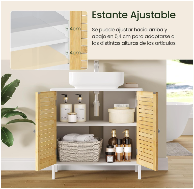 EUGAD Waschtischunterschrank Neapel - ausgestattet mit Siphonausschnitt und verstellbarem Einlegeboden und magnetischen Lamellentüren - für Bad und Toilette - weiß beschichtetes Holz und Bambus - 60 x 30 x 60 cm