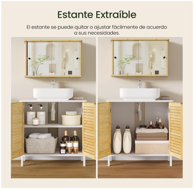 EUGAD Waschtischunterschrank Neapel - ausgestattet mit Siphonausschnitt und verstellbarem Einlegeboden und magnetischen Lamellentüren - für Bad und Toilette - weiß beschichtetes Holz und Bambus - 60 x 30 x 60 cm