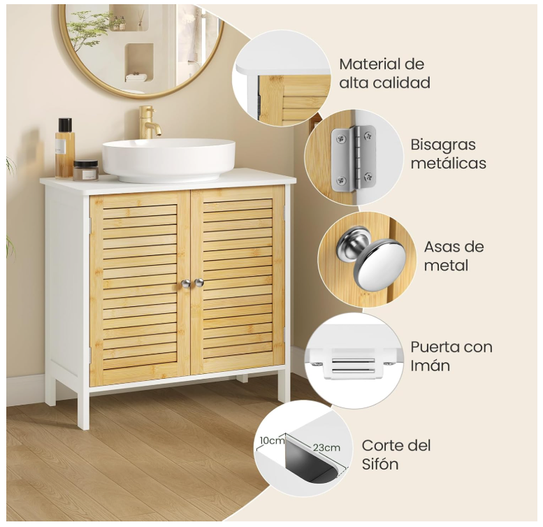 EUGAD Waschtischunterschrank Neapel - ausgestattet mit Siphonausschnitt und verstellbarem Einlegeboden und magnetischen Lamellentüren - für Bad und Toilette - weiß beschichtetes Holz und Bambus - 60 x 30 x 60 cm