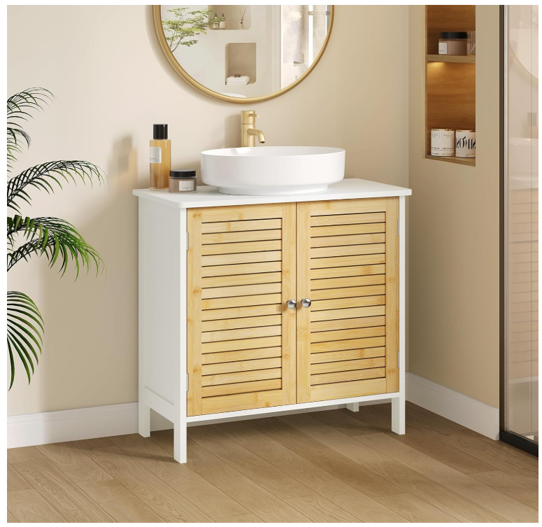 EUGAD Waschtischunterschrank Neapel - ausgestattet mit Siphonausschnitt und verstellbarem Einlegeboden und magnetischen Lamellentüren - für Bad und Toilette - weiß beschichtetes Holz und Bambus - 60 x 30 x 60 cm