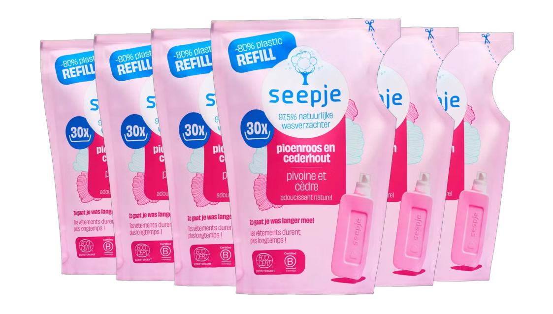 Seepje Weichspüler Nachfüllpackung Pfingstrose & Zedernholz - mit Pflanzenfaserschutz und Ecocert-zertifizierter Formel und mikroplastikfreiem Design - für Bunt- und Weißwäsche - rosa Kunststoff - 6 x 750 ml