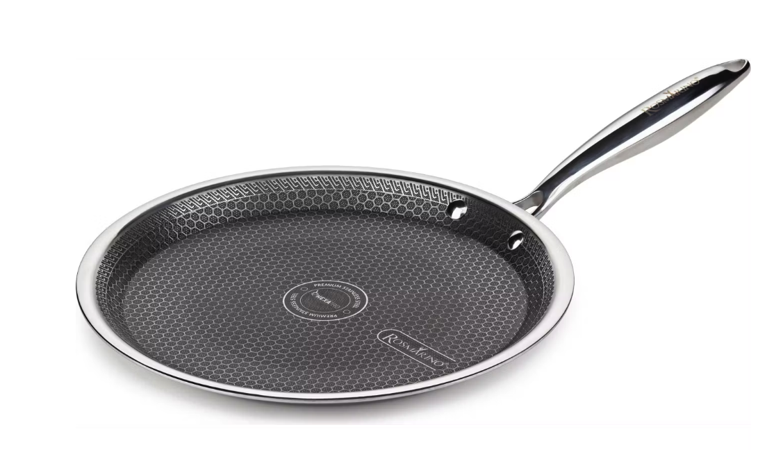 Rosmarino HexaPRO Pfannkuchenpfanne - mit Laser-Sechseck-Struktur und Stay-Cool-Griff und ofenfestem Rahmen - für Induktion und Gas - Silberner Edelstahl und Aluminium - 28 cm