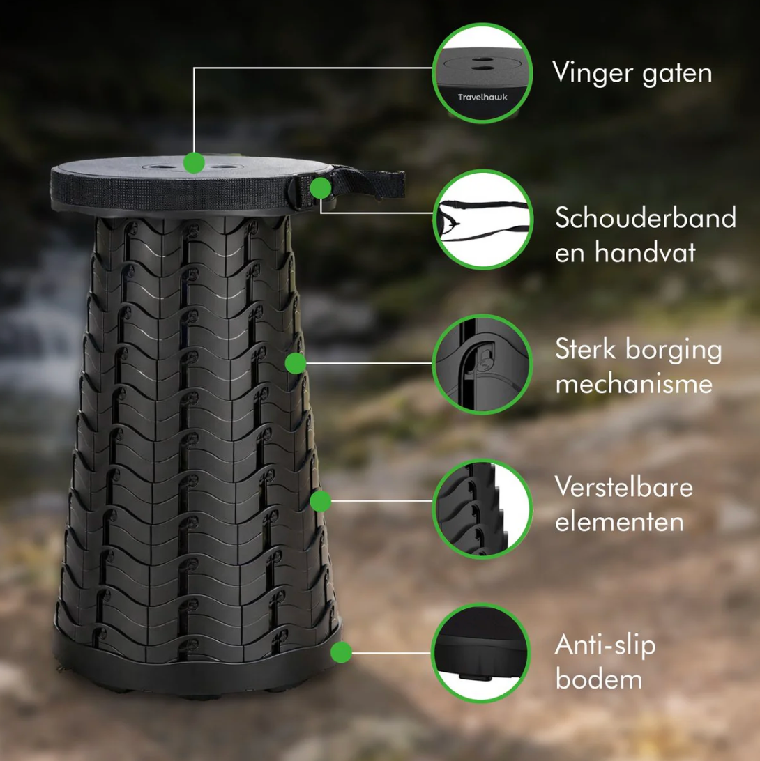 Travelhawk Faltbarer Hocker - Ausgestattet mit strapazierfähigem Polyester Sitz und Aluminium Rahmen und faltbarem Design - Für Camping und Angeln - Schwarzes Polyester und Aluminium - Einhundertfünfzig Kg