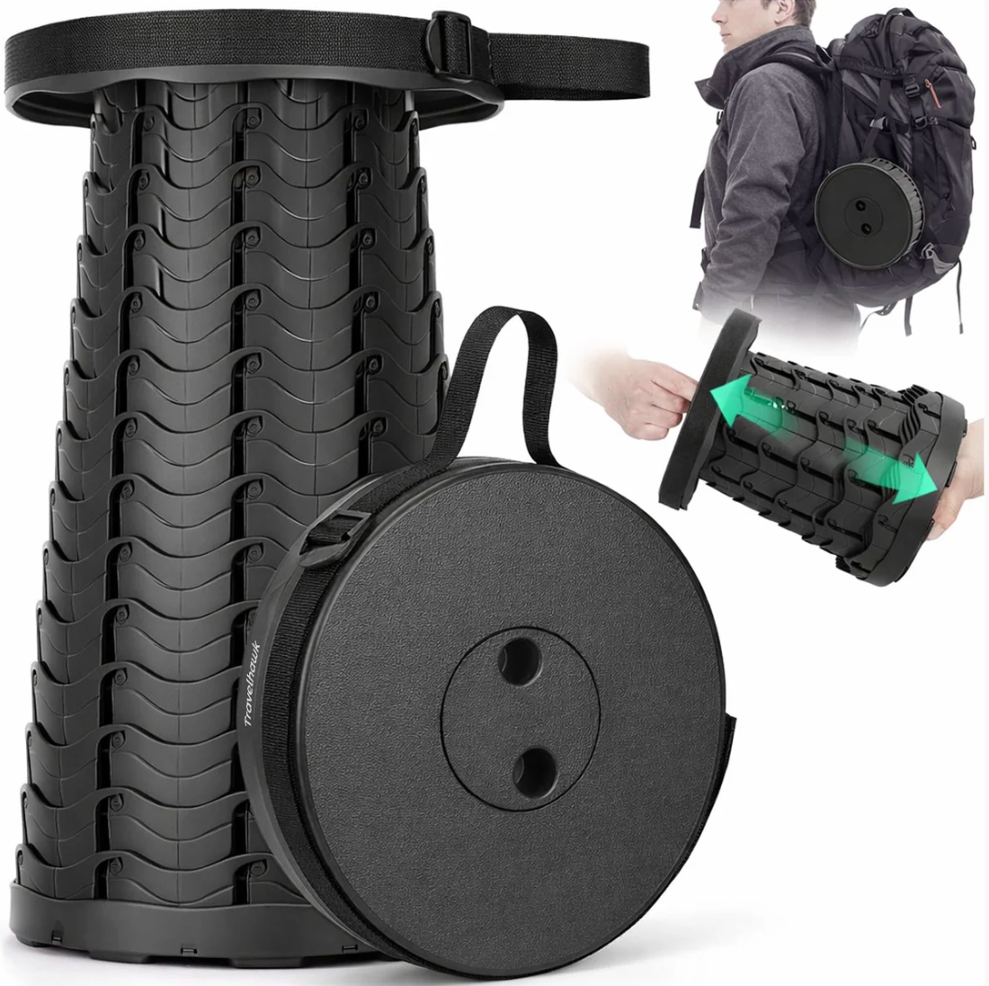 Travelhawk Faltbarer Hocker - Ausgestattet mit strapazierfähigem Polyester Sitz und Aluminium Rahmen und faltbarem Design - Für Camping und Angeln - Schwarzes Polyester und Aluminium - Einhundertfünfzig Kg