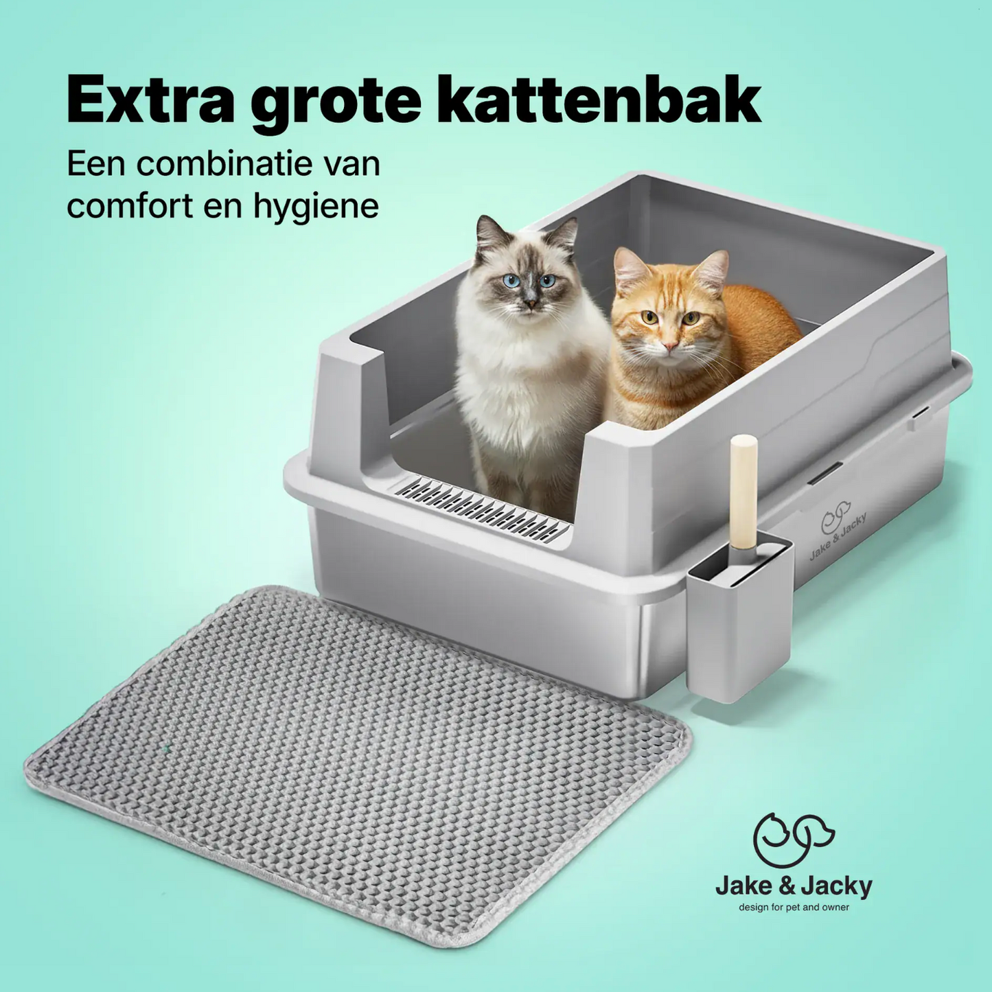 Jake & Jacky Edelstahl-Katzenklo, offen, XXL – für große Katzen – inkl. Katzenschaufel mit Halter und Streuauffangmatte