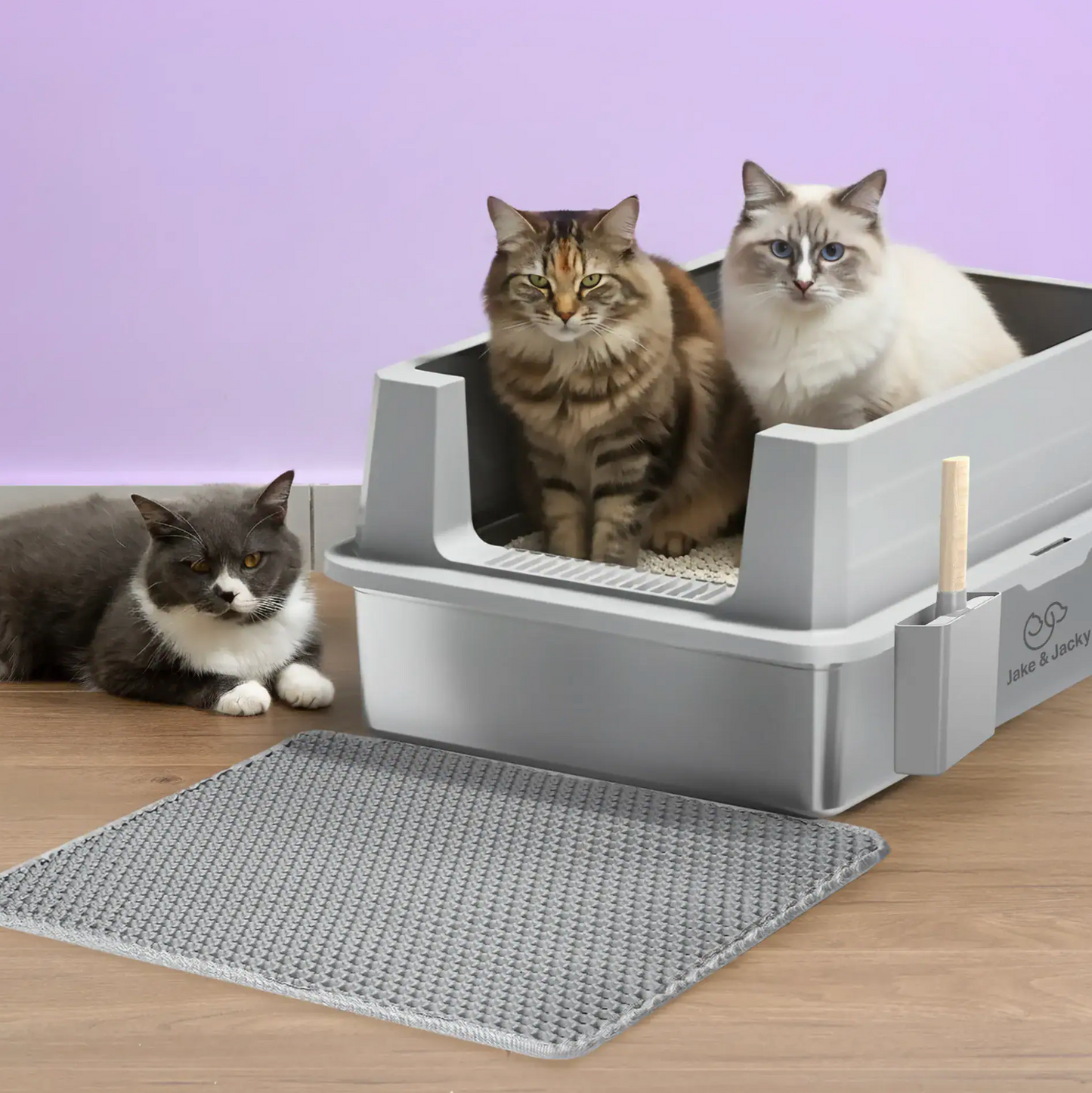 Jake & Jacky Edelstahl-Katzenklo, offen, XXL – für große Katzen – inkl. Katzenschaufel mit Halter und Streuauffangmatte
