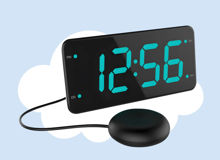DreamCare Pulse Wecker mit Vibrationsfunktion und Bettvibrator – Ausgestattet mit vollständig dimmbarem Display sowie Doppelalarm und Schlummerfunktion – Für Tiefschläfer und Menschen mit Hörbeeinträchtigung – Schwarzer Kunststoff – 180 cm langes Kabel
