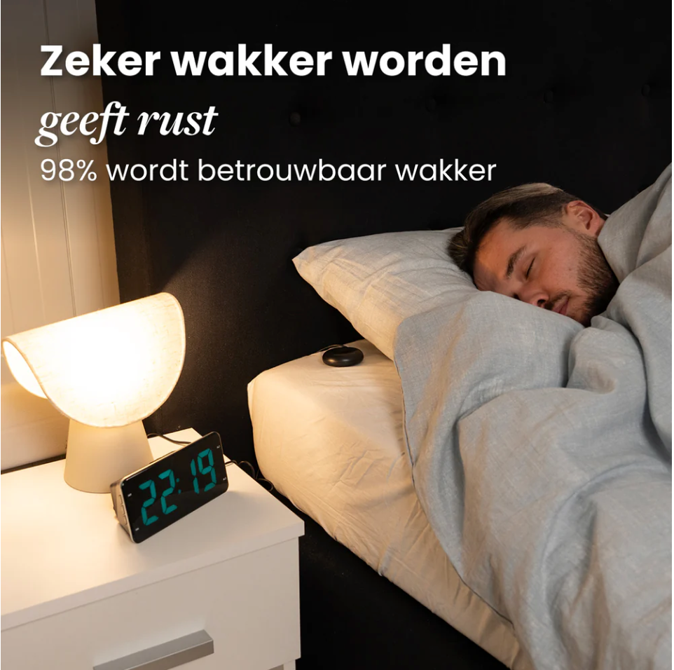 DreamCare Pulse Wecker mit Vibrationsfunktion und Bettvibrator – Ausgestattet mit vollständig dimmbarem Display sowie Doppelalarm und Schlummerfunktion – Für Tiefschläfer und Menschen mit Hörbeeinträchtigung – Schwarzer Kunststoff – 180 cm langes Kabel