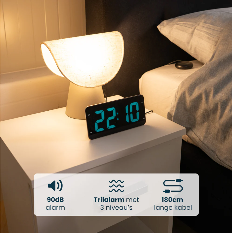 DreamCare Pulse Wecker mit Vibrationsfunktion und Bettvibrator – Ausgestattet mit vollständig dimmbarem Display sowie Doppelalarm und Schlummerfunktion – Für Tiefschläfer und Menschen mit Hörbeeinträchtigung – Schwarzer Kunststoff – 180 cm langes Kabel