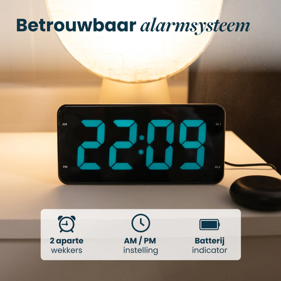 DreamCare Pulse Wecker mit Vibrationsfunktion und Bettvibrator – Ausgestattet mit vollständig dimmbarem Display sowie Doppelalarm und Schlummerfunktion – Für Tiefschläfer und Menschen mit Hörbeeinträchtigung – Schwarzer Kunststoff – 180 cm langes Kabel