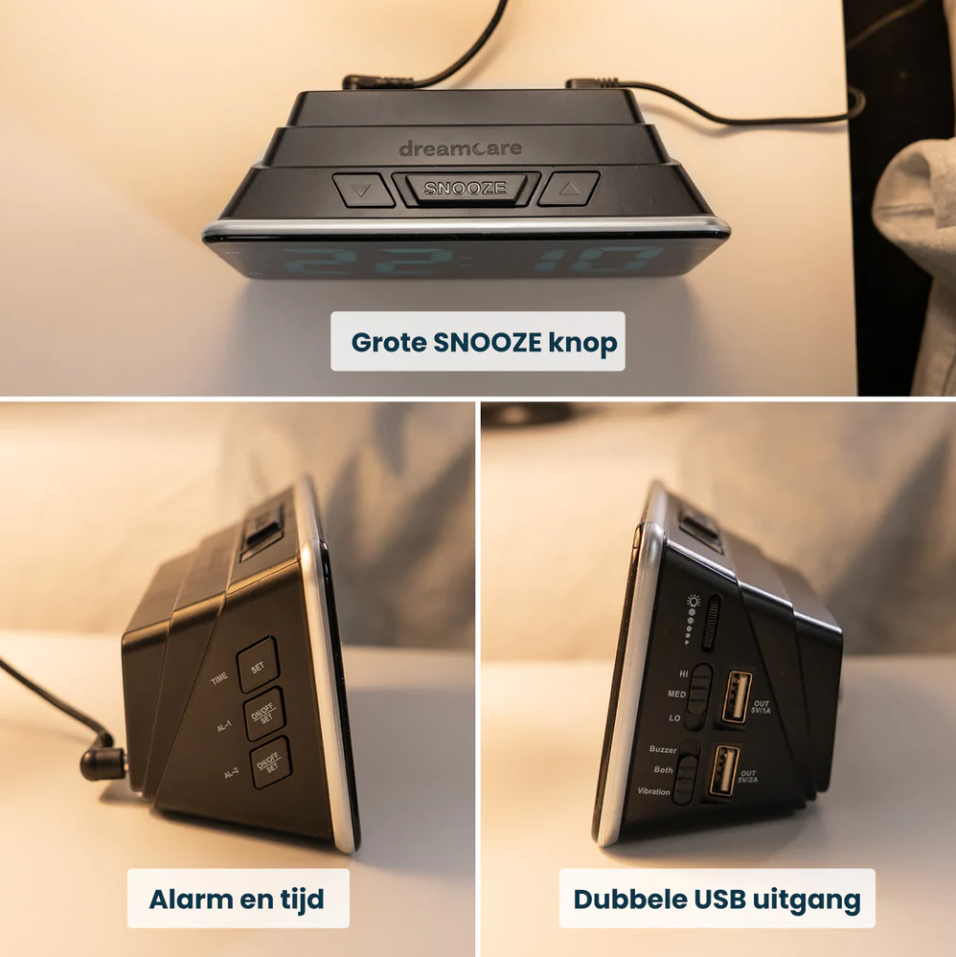 DreamCare Pulse Wecker mit Vibrationsfunktion und Bettvibrator – Ausgestattet mit vollständig dimmbarem Display sowie Doppelalarm und Schlummerfunktion – Für Tiefschläfer und Menschen mit Hörbeeinträchtigung – Schwarzer Kunststoff – 180 cm langes Kabel