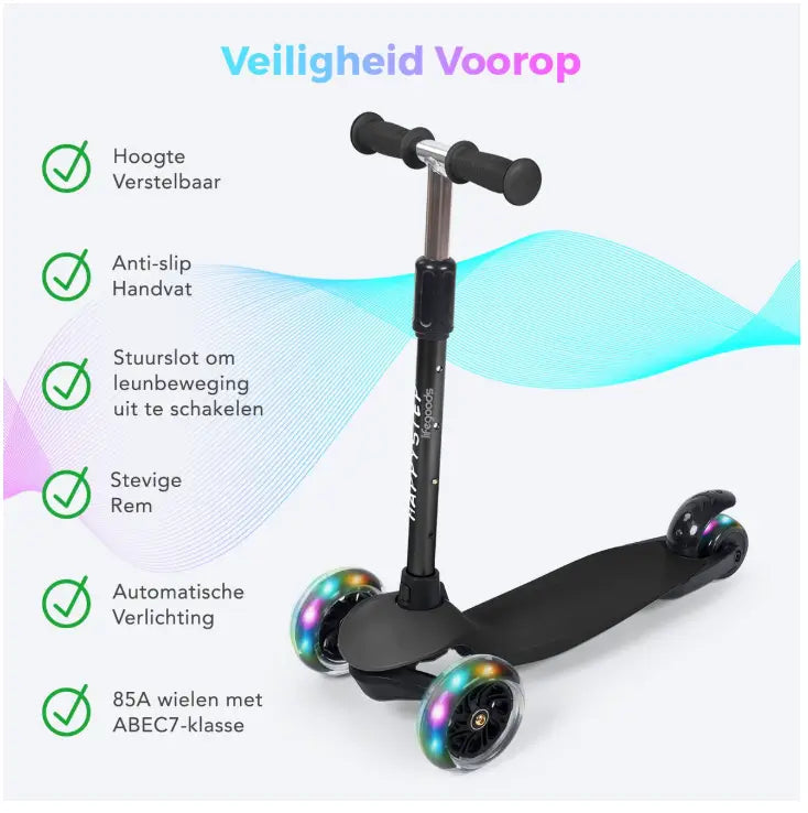 LifeGoods HappyStep - Kinder-Roller - Schritt 2-5 Jahre - 3 leuchtende Räder - Jungen/Mädchen - Schwarz