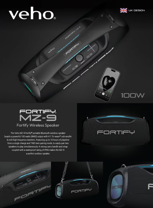 Veho MZ-9 Fortify 100 Watt Tragbarer Bluetooth-Lautsprecher VSS-033-MZ9-B