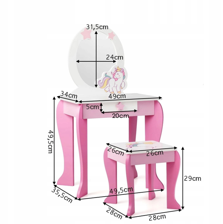 costway Schminktisch für Mädchen - weiß mit rosa - 49,5 x 35,5 x 89 cm