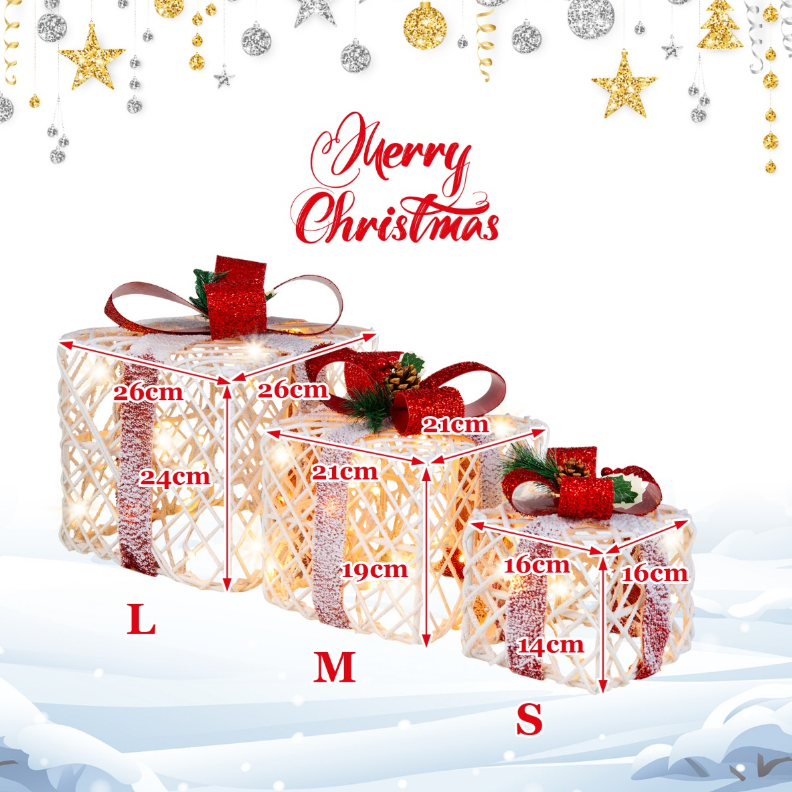 3er-Set LED-Batteriebetriebene Geschenkboxen mit roten Schleifen 60 LED-Leuchten