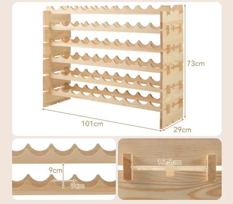 coast Modulares stapelbares Weinregal - geeignet für 60 Flaschen - 6 Lagen - natürliche Holzoberfläche