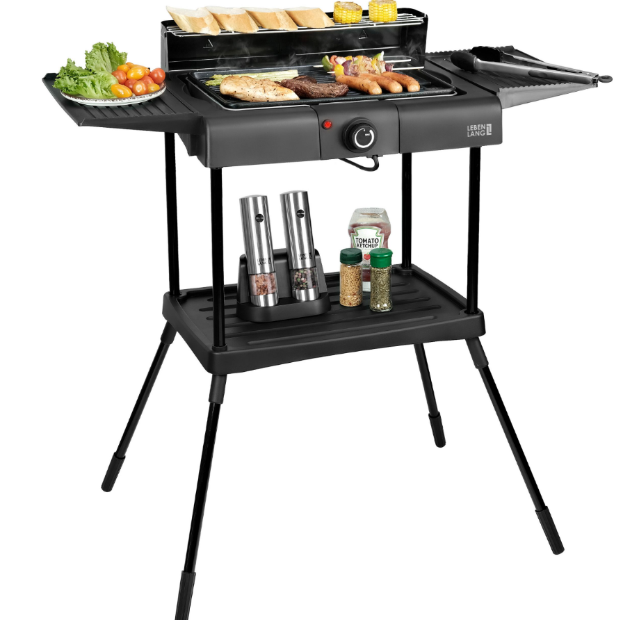 Lebenlang 2-in-1-Elektrogrill - Tisch- und Standgrill - 2000W - Für drinnen und draußen - Inklusive Grillzange - Antihaftbeschichtung