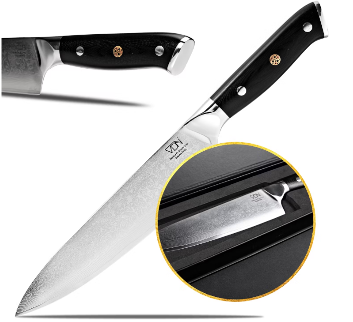 VDN Elegance Damaststahl Kochmesser 21 cm - Schwarzer Griff, Edelstahl