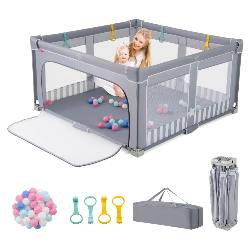 Coast Large Foldable Baby Box 150x150 cm Grau - Sicherer Spielzaun mit Reißverschluss, 50 Seebällen und 4 Heberingen