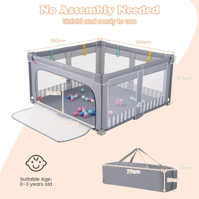 Coast Large Foldable Baby Box 150x150 cm Grau - Sicherer Spielzaun mit Reißverschluss, 50 Seebällen und 4 Heberingen