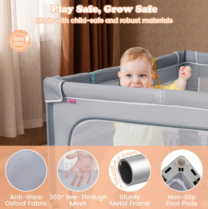 Coast Large Foldable Baby Box 150x150 cm Grau - Sicherer Spielzaun mit Reißverschluss, 50 Seebällen und 4 Heberingen