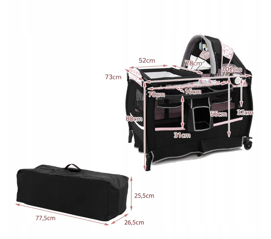 Coast 4-in-1 faltbares Babybett mit Baldachin und Matratze - 102 × 73 × 80 cm - Schwarz