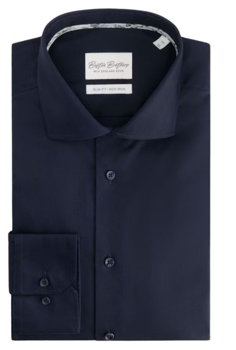 Boston Brothers Business Hemd LS - Herren | Slim Fit, halb breiter Kragen | 100% Baumwolle-Twill, bügelfrei | Navy 40 BBO35S110