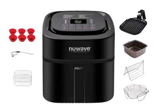 Nuwave - Digitale Heißluftfritteuse - 6 l & 1800 Watt - Ausgestattet mit Temperaturfühler und Gourmet Kit - Zum gleichmäßigen Backen und Grillen - Schwarzer Kunststoff und Edelstahl