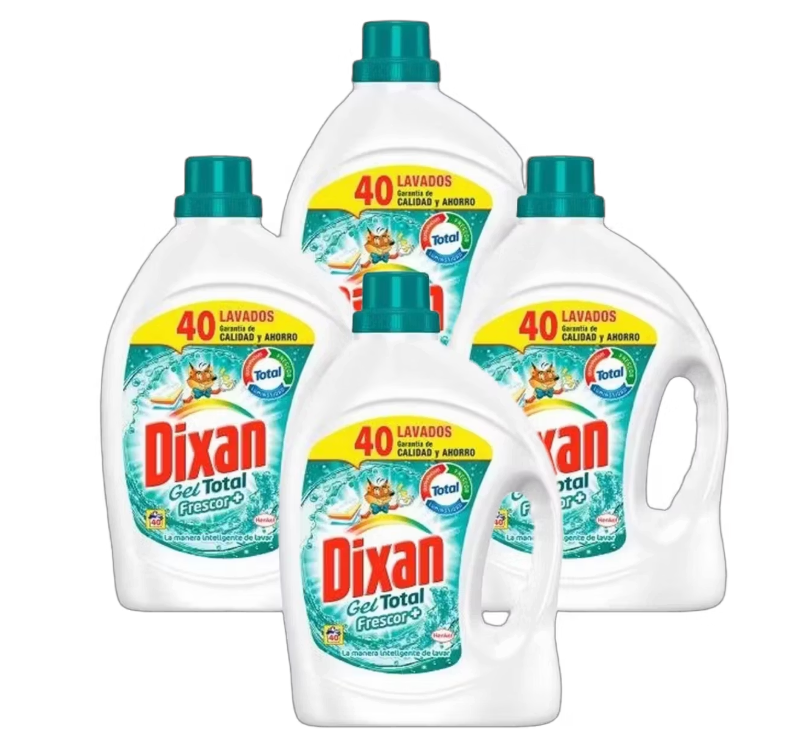 Dixan Gel Total Frescor+ Flüssigwaschmittel - 2,48 L - 4 Flaschen - 160 Waschgänge - für weiße und bunte Wäsche