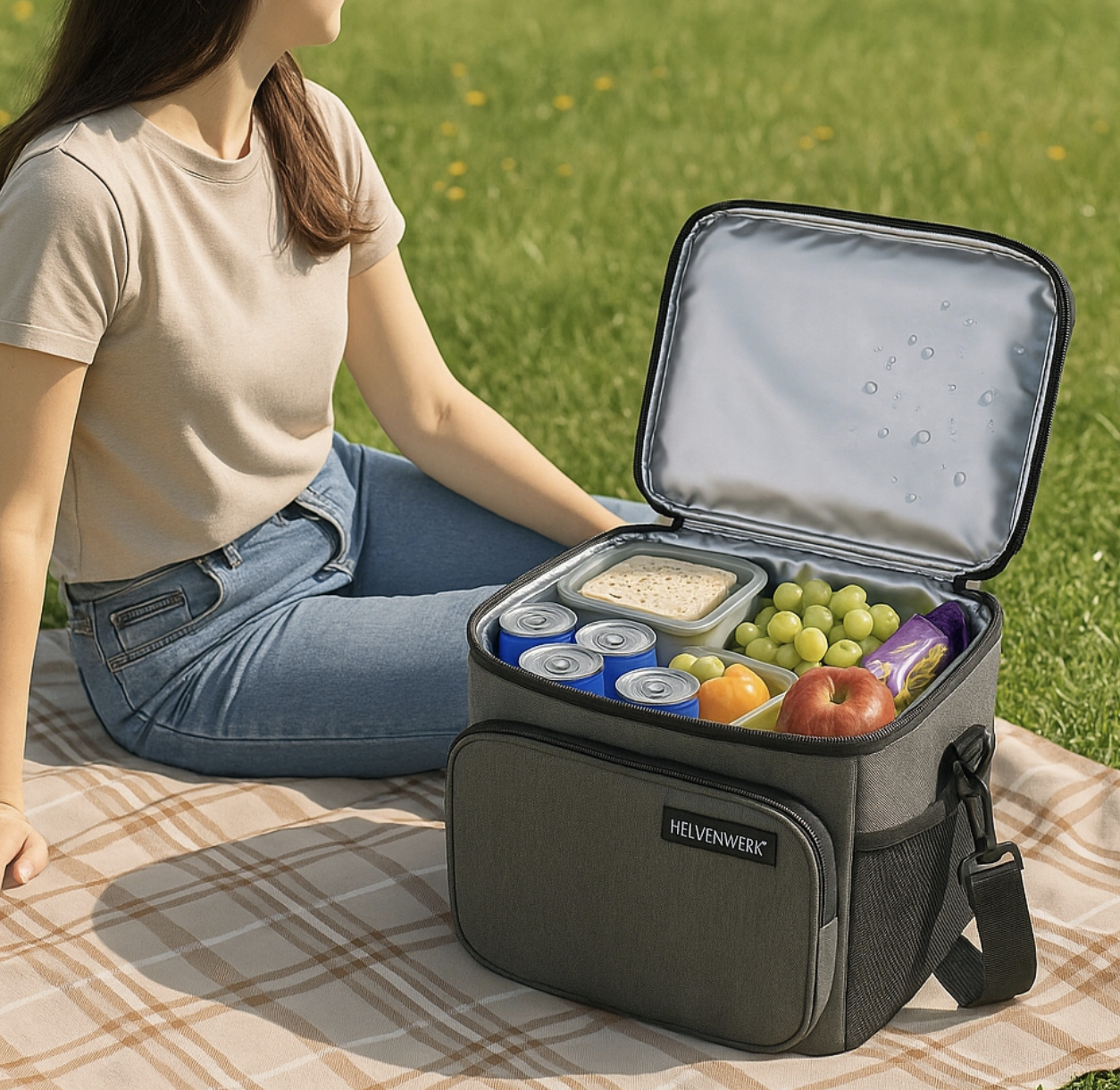 Herowerk Thermotasche Lunch- und Picknicktasche - 10L - 29x22x20 cm - hellgrau - isolierte Strand- und Kühltasche