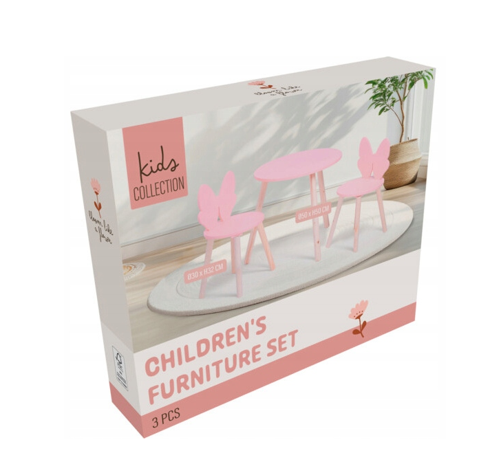 Home Styling Collection - Kindertisch mit 2 Stühlen Butterfly Pink - 3-teiliges Kindermöbel-Set