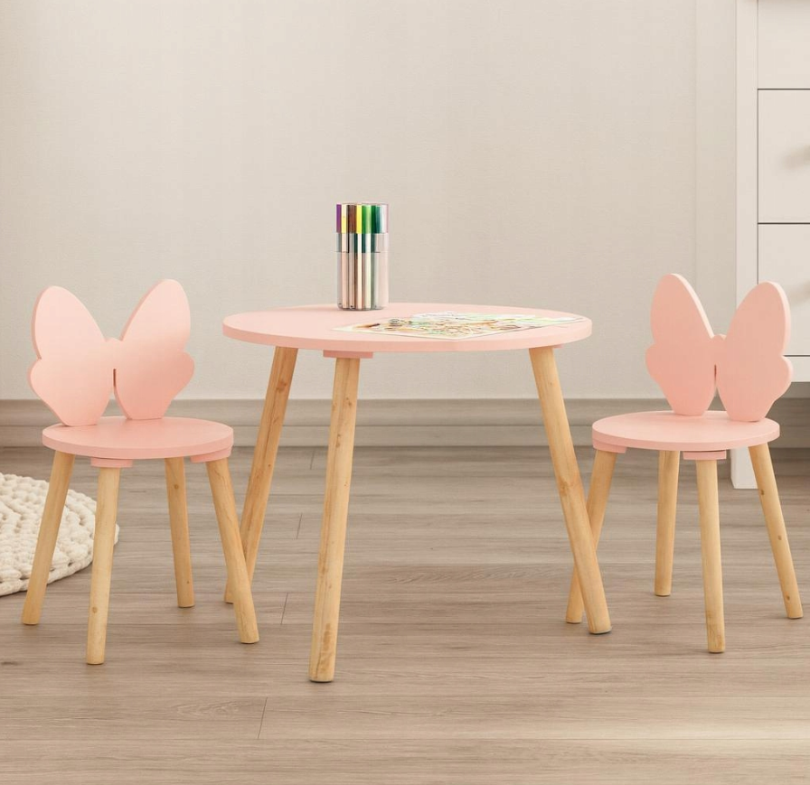 Home Styling Collection - Kindertisch mit 2 Stühlen Butterfly Pink - 3-teiliges Kindermöbel-Set