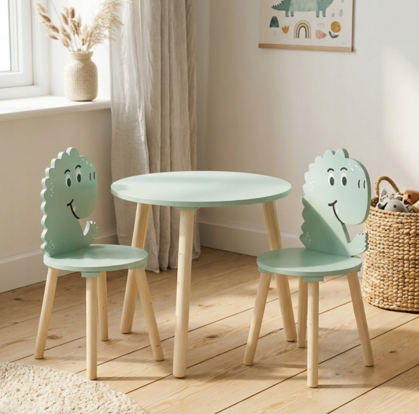 Home Styling Collection - Kindertisch mit 2 Stühlen - Dinosaurier Print - Kindertischset aus Holz - 50 x 50 x 50 cm - Blau