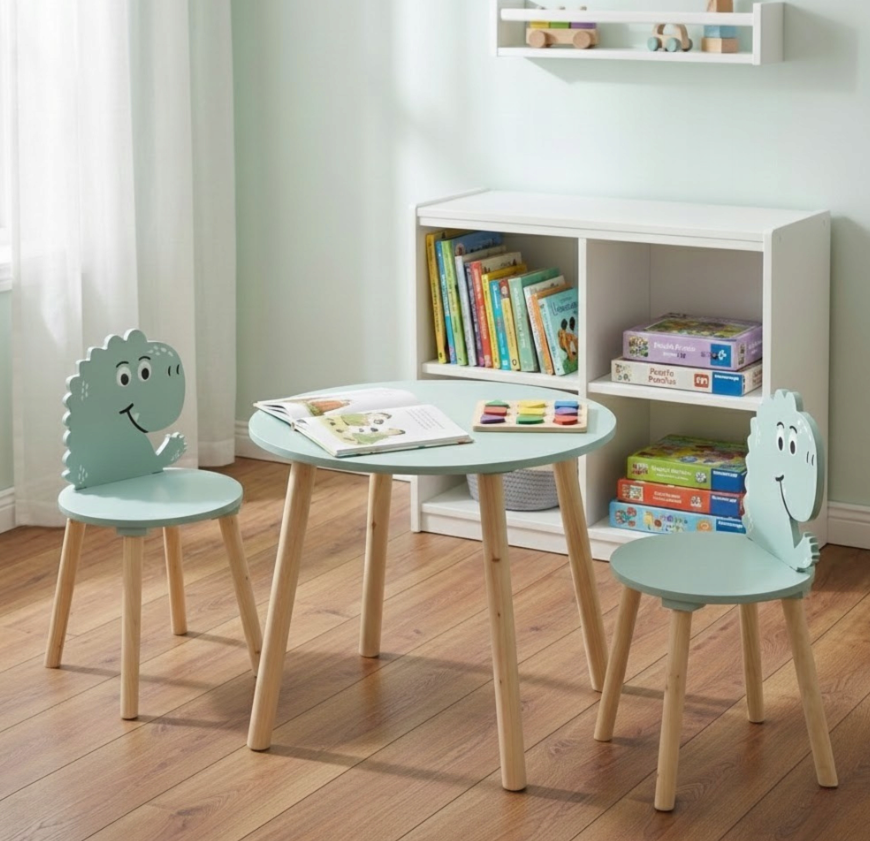 Home Styling Collection - Kindertisch mit 2 Stühlen - Dinosaurier Print - Kindertischset aus Holz - 50 x 50 x 50 cm - Blau