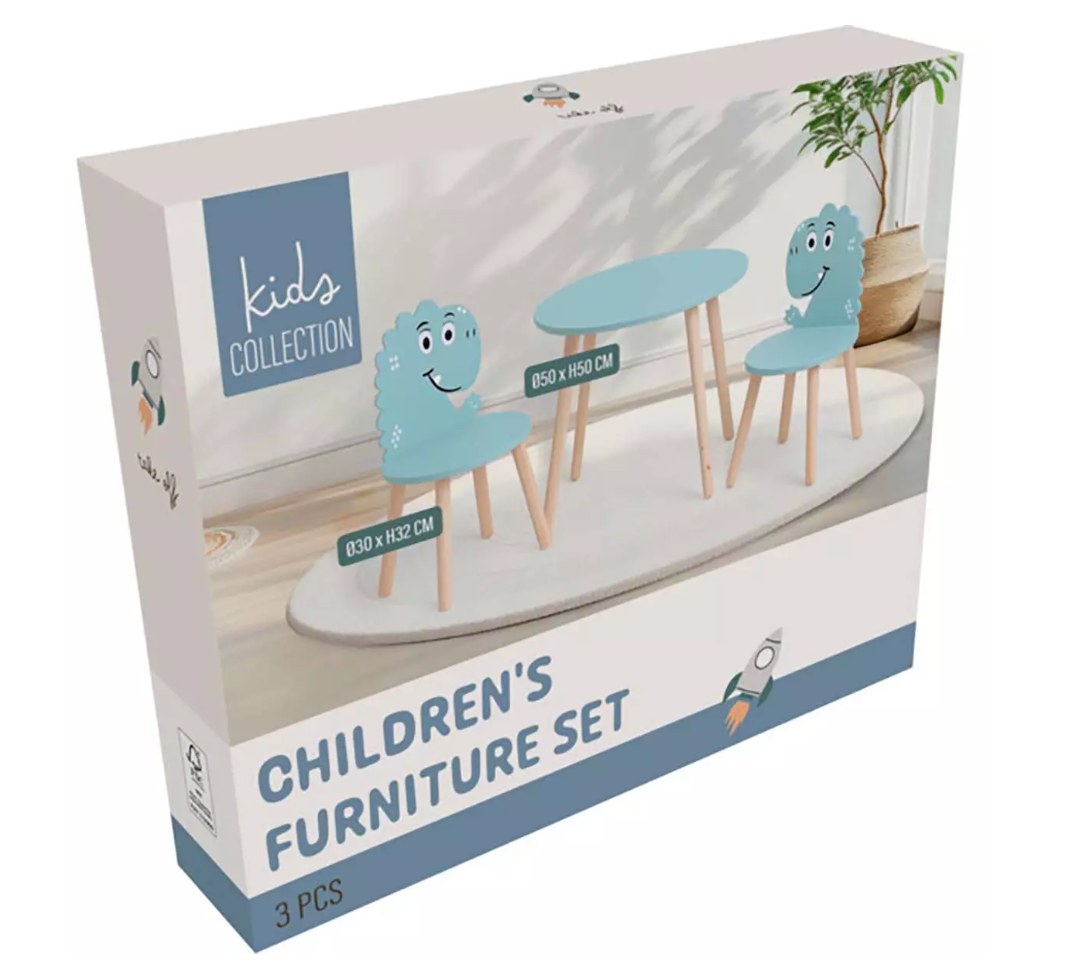 Home Styling Collection - Kindertisch mit 2 Stühlen - Dinosaurier Print - Kindertischset aus Holz - 50 x 50 x 50 cm - Blau