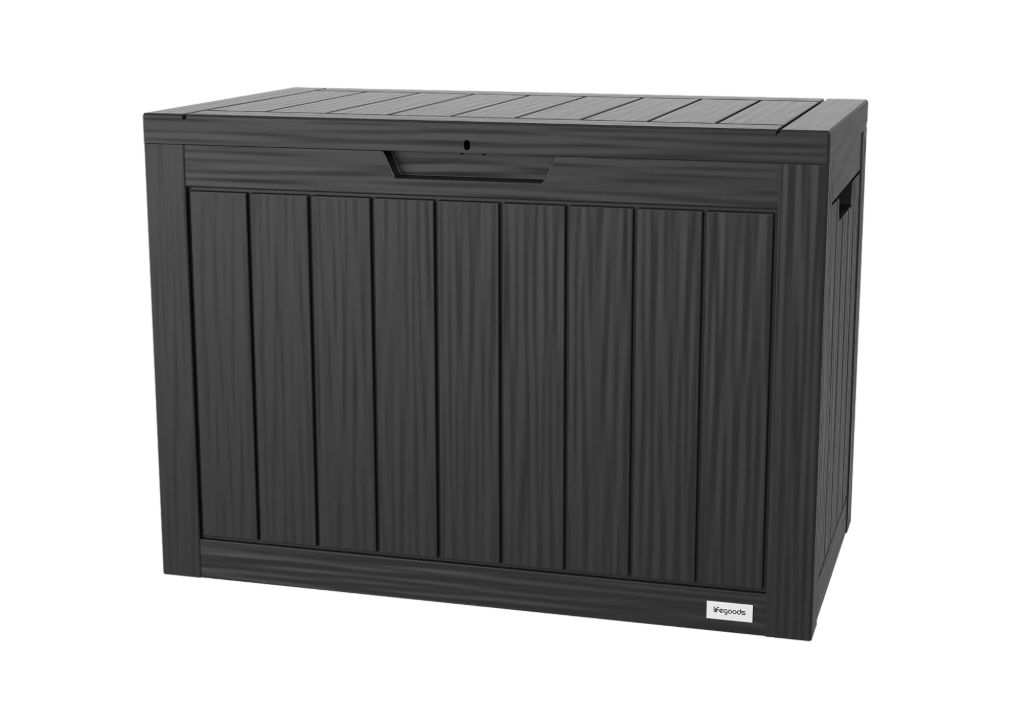 LifeGoods Aufbewahrungsbox XS 170L - Gartenkissen-Aufbewahrungsbox - Wasserdicht - Wetterfest - Holzoptik - Mit Schlosshalterung - Grau