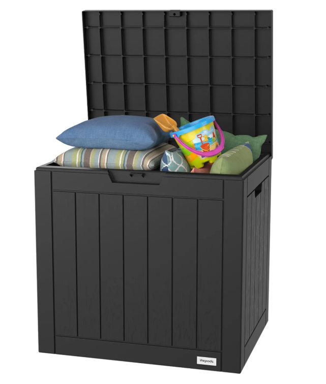 LifeGoods Aufbewahrungsbox XXS 118L - Gartenkissen-Aufbewahrungsbox - Wasserdicht - Wetterfest - Holzoptik - Mit Schlosshalterung - Grau