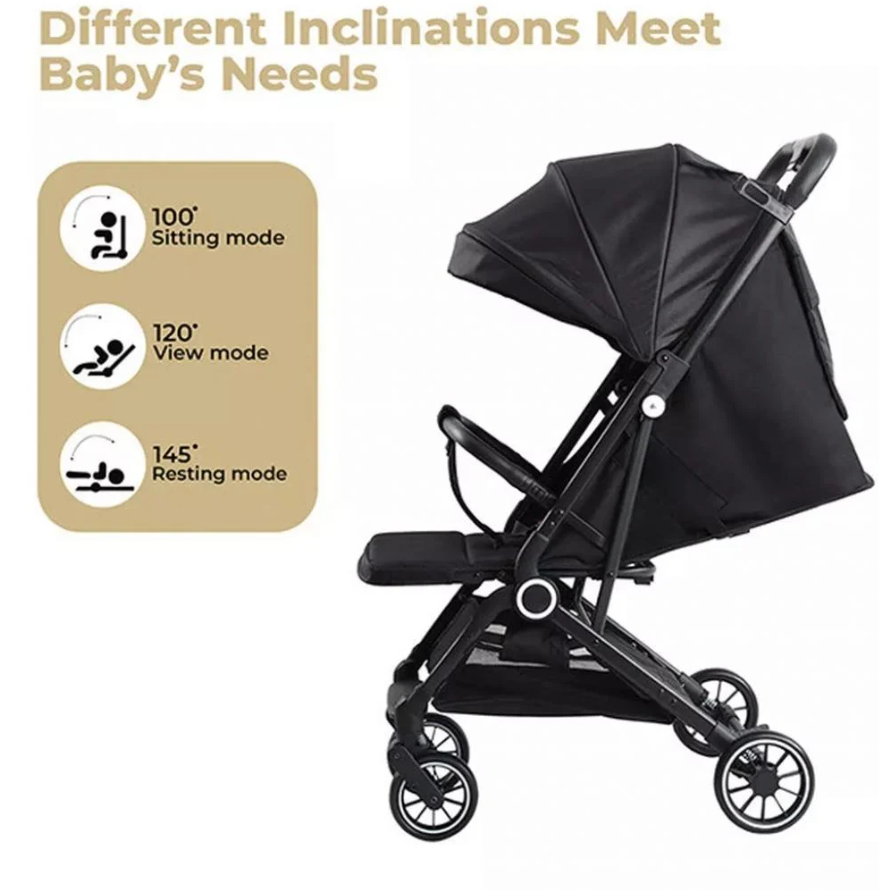 Kinderwagen - Einhändig faltbar - Von Geburt bis 15 kg - Großes Sonnendach - Schwarz