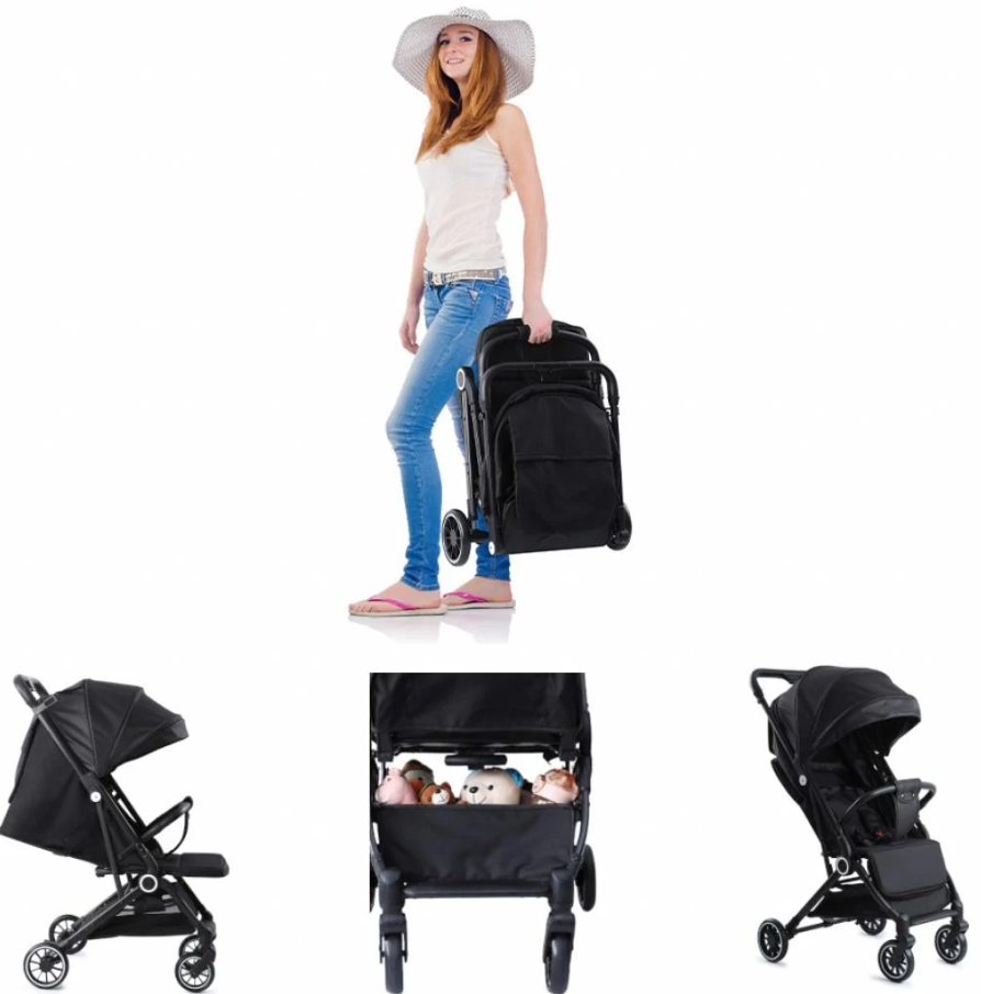 Kinderwagen - Einhändig faltbar - Von Geburt bis 15 kg - Großes Sonnendach - Schwarz