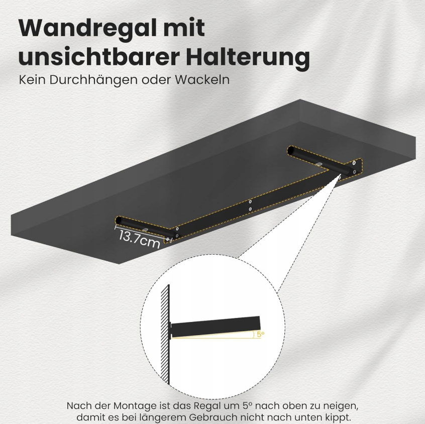 Esituro Hängendes Wandregal Schwarz 80 x 23 x 3,8 cm - Modernes schwebendes Bücherregal