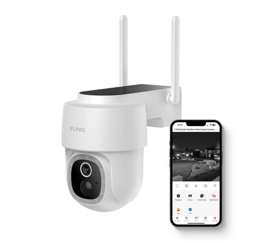 FlinQ Smart Dome Guard Sicherheitskamera Weiß 16,3 x 9,9 x 13,8 cm - Drahtlose 2K Solar-Außenkamera mit Nachtsicht und App-Steuerung